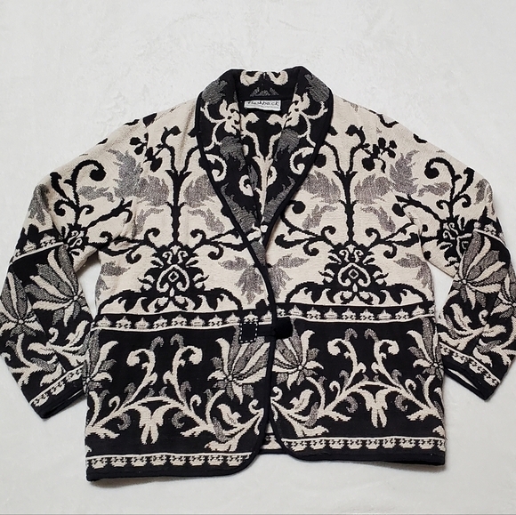 VINTAGE 90s Flashback Black Cream Knit Shawl Collar Oversized Blanket Jacket S - Picture 4 of 12